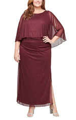 Plus Long Glitter Mesh Column Dress with Cold Shoulder Popover and Embellishment Detail at Shoulders