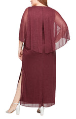 Plus Long Glitter Mesh Column Dress with Cold Shoulder Popover and Embellishment Detail at Shoulders