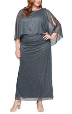 Plus Long Glitter Mesh Column Dress with Cold Shoulder Popover and Embellishment Detail at Shoulders