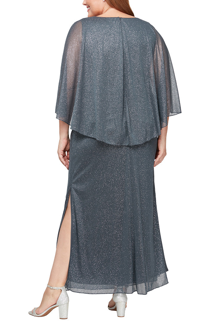 Plus Long Glitter Mesh Column Dress with Cold Shoulder Popover and Embellishment Detail at Shoulders