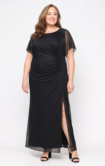Plus Long Fit and Flare Dress With Illusion Flutter Sleeves, Embellishment Detail at Shoulders and Front Slit
