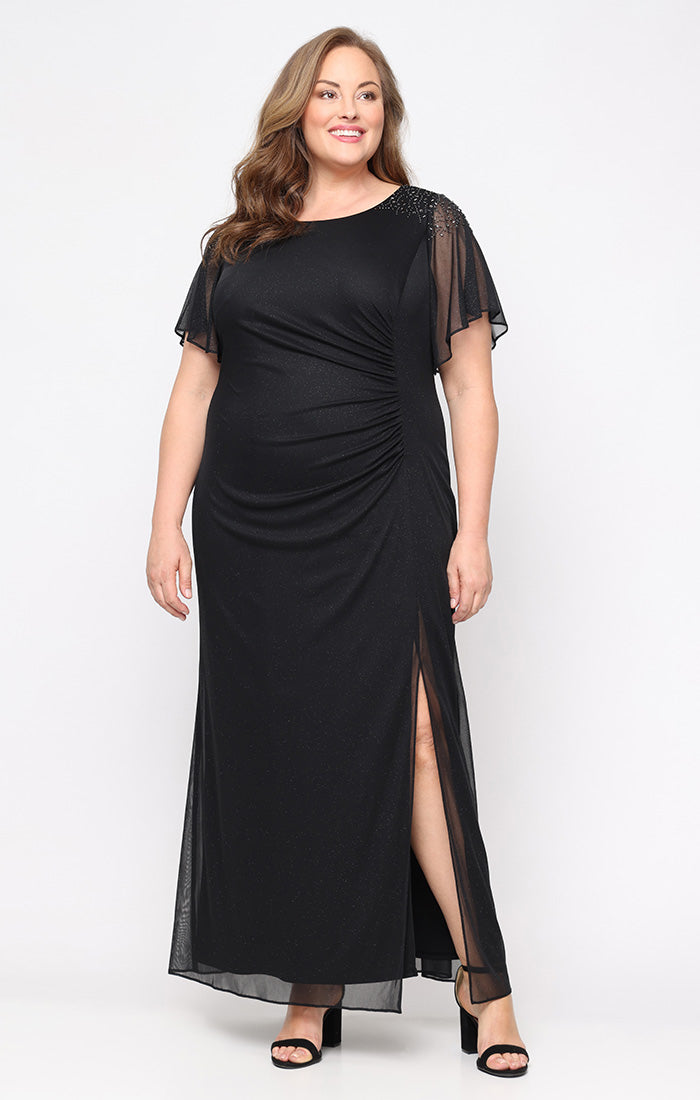 Plus Long Fit and Flare Dress With Illusion Flutter Sleeves, Embellishment Detail at Shoulders and Front Slit
