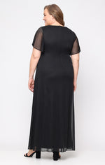 Plus Long Fit and Flare Dress With Illusion Flutter Sleeves, Embellishment Detail at Shoulders and Front Slit