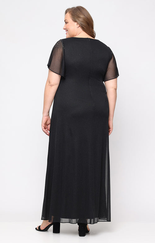 Plus Long Fit and Flare Dress With Illusion Flutter Sleeves, Embellishment Detail at Shoulders and Front Slit