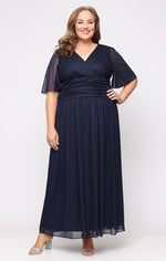 Plus Long A-Line Dress With Surplice Neckline, Flutter Sleeves and Ruched Waist Detail
