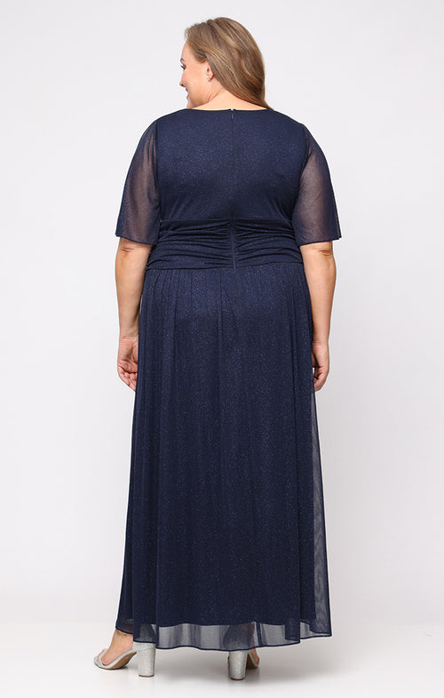 Plus Long A-Line Dress With Surplice Neckline, Flutter Sleeves and Ruched Waist Detail