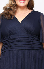 Plus Long A-Line Dress With Surplice Neckline, Flutter Sleeves and Ruched Waist Detail
