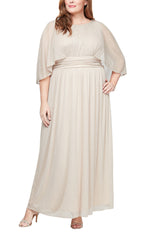 Plus Long Glitter Mesh Ruched Waist Dress with Capelet Sleeves and Embellishment at Neckline