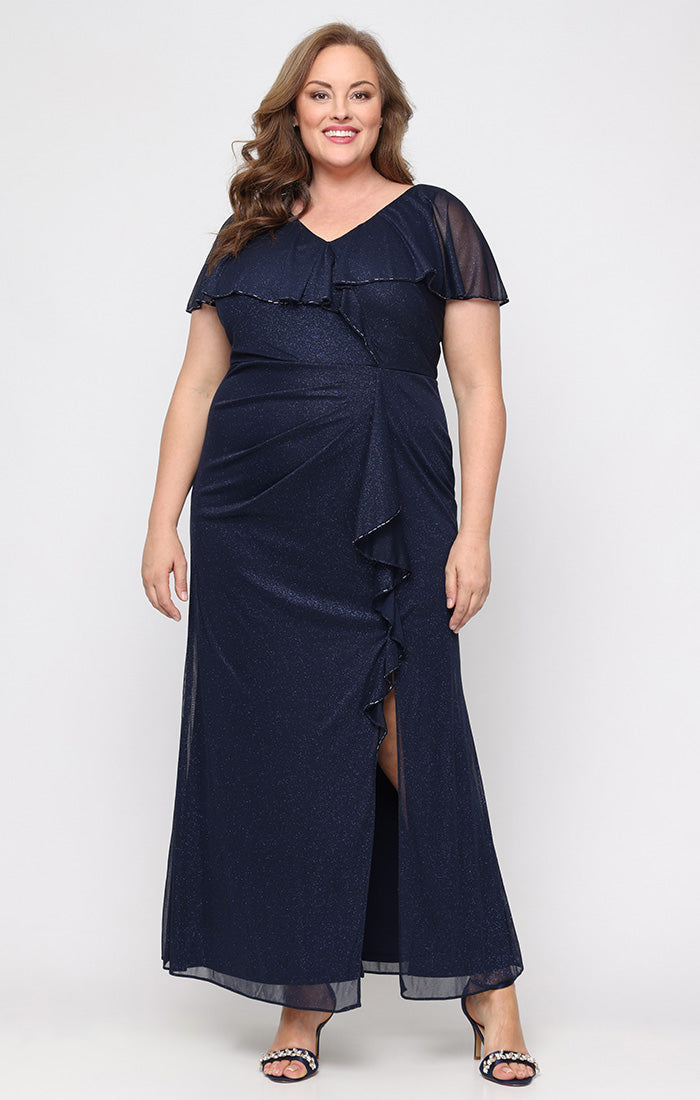 Plus - Long Capelet Dress with Cascade Detail Skirt and Bugle Bead Detail