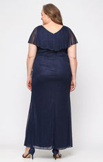 Plus - Long Capelet Dress with Cascade Detail Skirt and Bugle Bead Detail