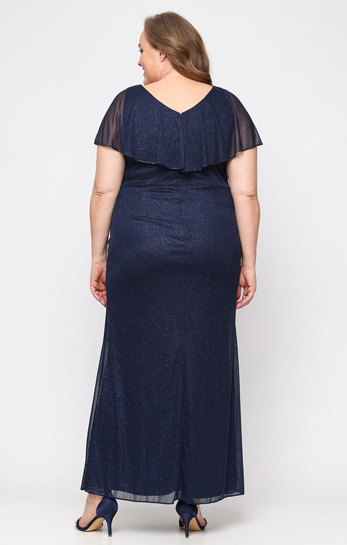 Plus - Long Capelet Dress with Cascade Detail Skirt and Bugle Bead Detail