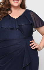 Plus - Long Capelet Dress with Cascade Detail Skirt and Bugle Bead Detail
