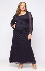 Plus Long Glitter Mesh Dress with Scoop Neckline and Illusion Cold Shoulder Beaded Cuff Sleeves