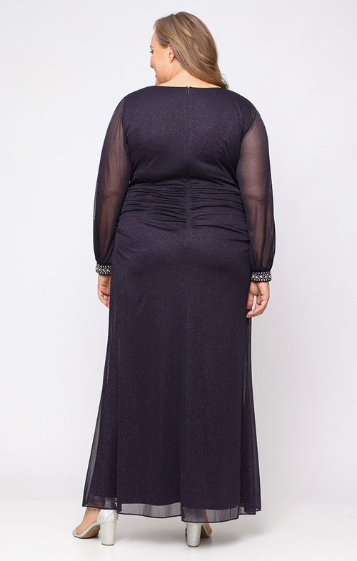 Plus Long Glitter Mesh Dress with Scoop Neckline and Illusion Cold Shoulder Beaded Cuff Sleeves