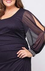 Plus Long Glitter Mesh Dress with Scoop Neckline and Illusion Cold Shoulder Beaded Cuff Sleeves