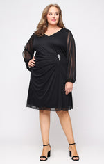 Plus Short Glitter Mesh Dress with V-Neckline, Asymmetric Empire Bodice and Illusion Sleeves