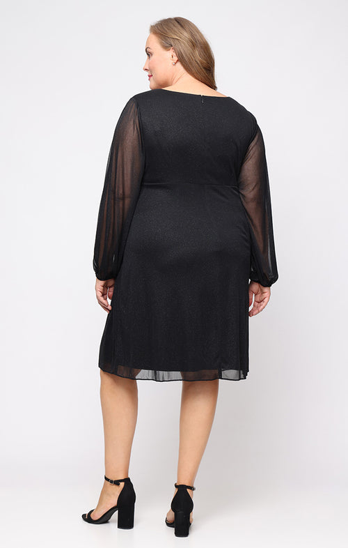 Plus Short Glitter Mesh Dress with V-Neckline, Asymmetric Empire Bodice and Illusion Sleeves