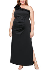 Plus Long Stretch Jersey One Shoulder Dress with Flower Neckline Detail