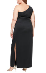 Plus Long Stretch Jersey One Shoulder Dress with Flower Neckline Detail