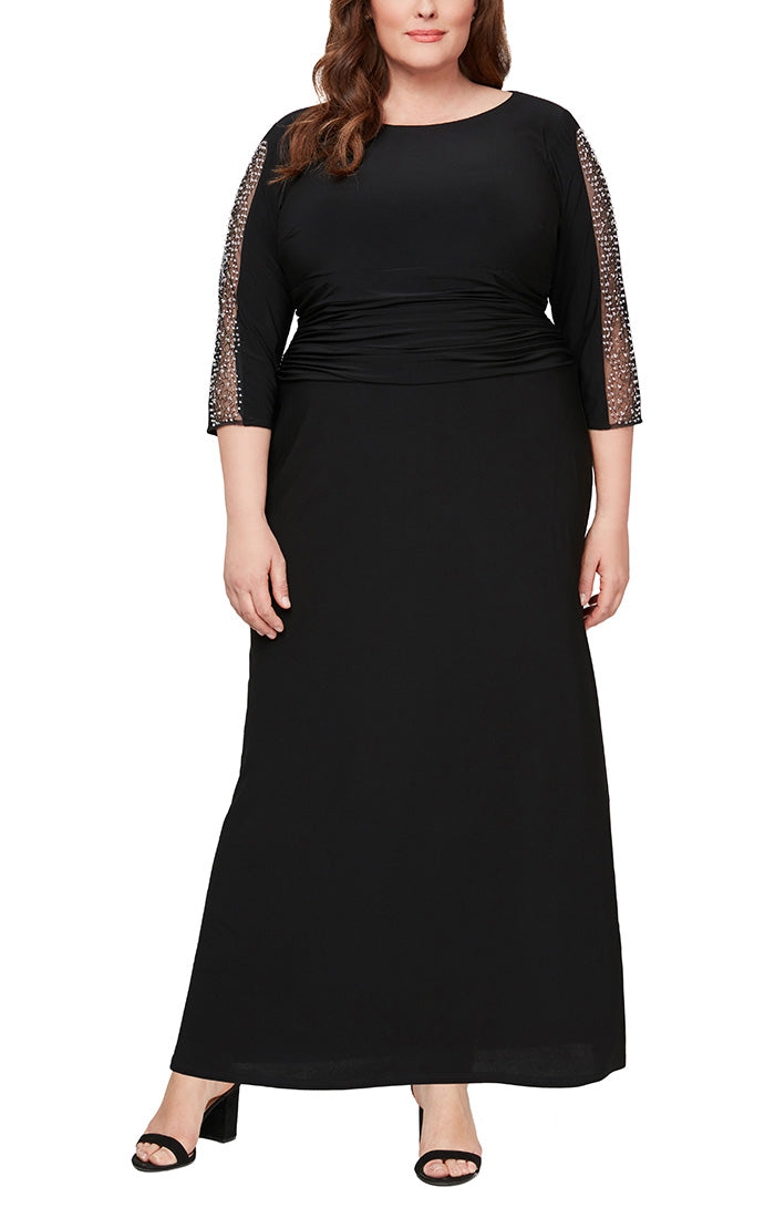 Plus Matte Jersey Long Dress with Embellished 3/4 Sleeve Detail