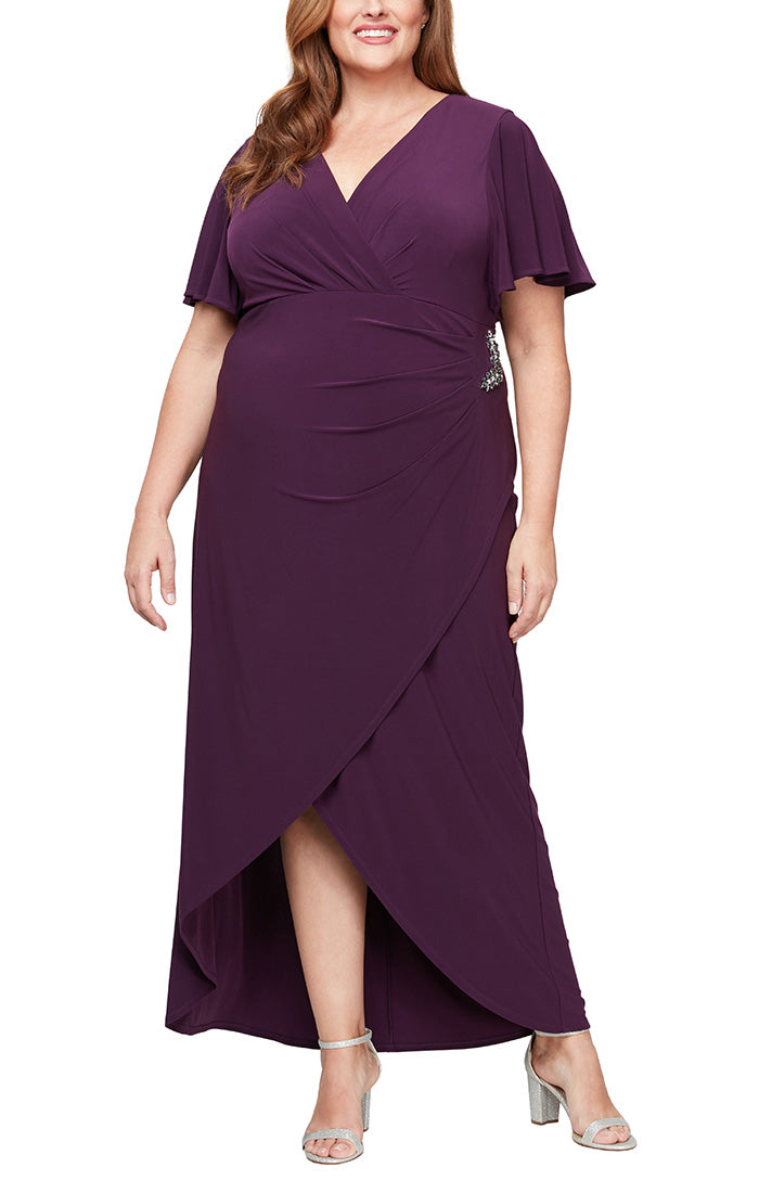 Plus Long Empire Waist Surplice Neckline Dress with Flutter Sleeves, Beaded Detail at Hip and High/Low Hem