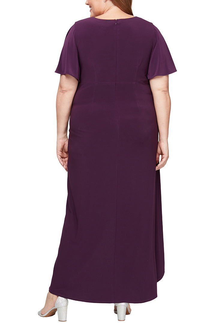 Plus Long Empire Waist Surplice Neckline Dress with Flutter Sleeves, Beaded Detail at Hip and High/Low Hem