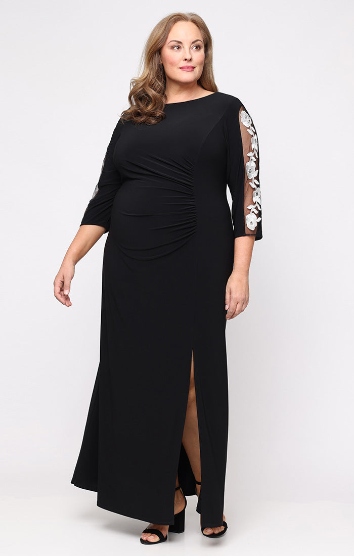Plus Long Matte Jeresy Dress with Ruched Bodice and Embroidered Illusion Inset Sleeves