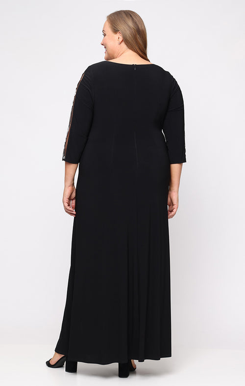 Plus Long Matte Jeresy Dress with Ruched Bodice and Embroidered Illusion Inset Sleeves