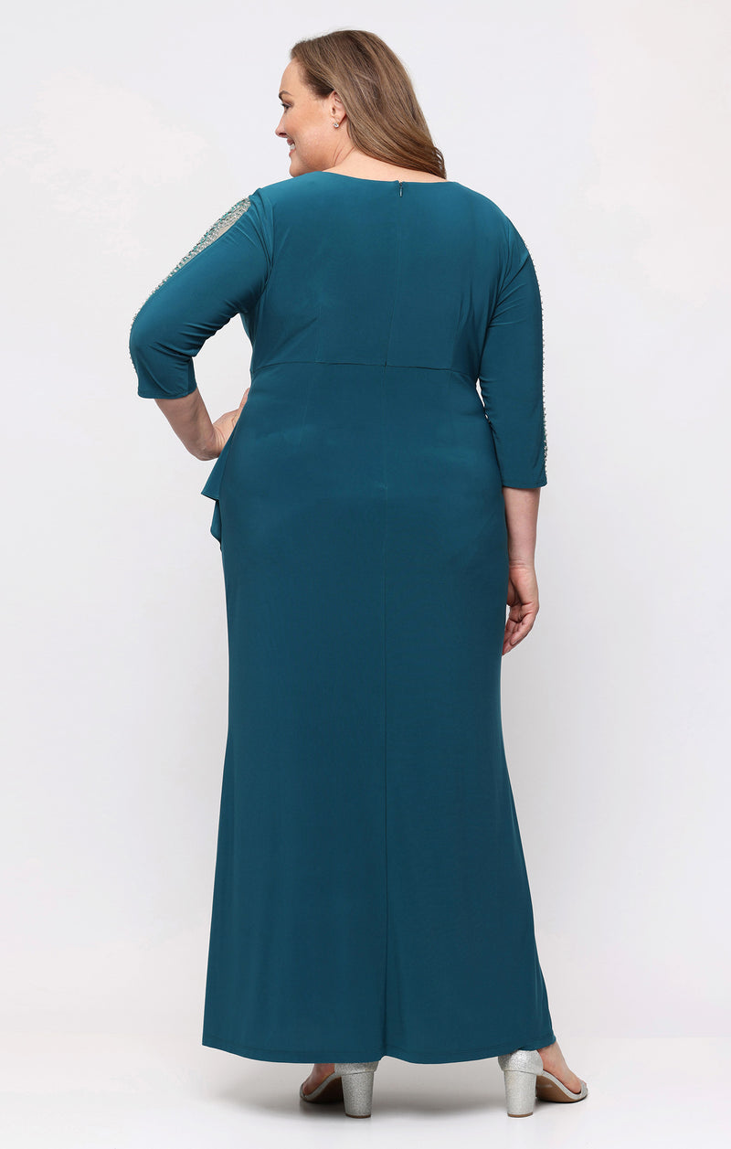 empire waist jersey dress Plus Long Matte with Surplice Neckline Beaded Illusion Detail Sleeves empire waist summer dress