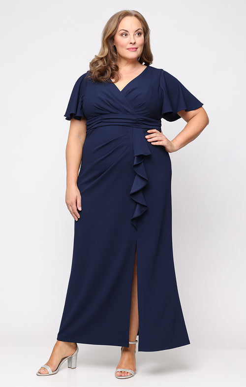Plus Long Scuba Crepe Dress with Surplice Neckline, Ruched Waist, Cascade Skirt and Flutter Sleeves