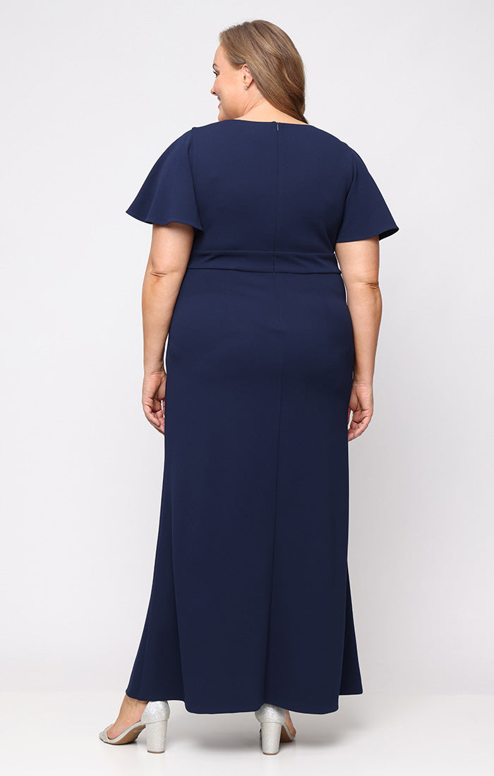Plus Long Scuba Crepe Dress with Surplice Neckline, Ruched Waist, Cascade Skirt and Flutter Sleeves