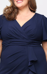 Plus Long Scuba Crepe Dress with Surplice Neckline, Ruched Waist, Cascade Skirt and Flutter Sleeves