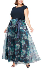 Plus Cap Sleeve Dress with Floral Printed Organza Skirt and Satin Tie