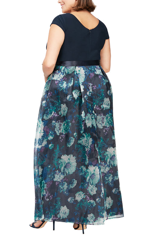 Plus Cap Sleeve Dress with Floral Printed Organza Skirt and Satin Tie