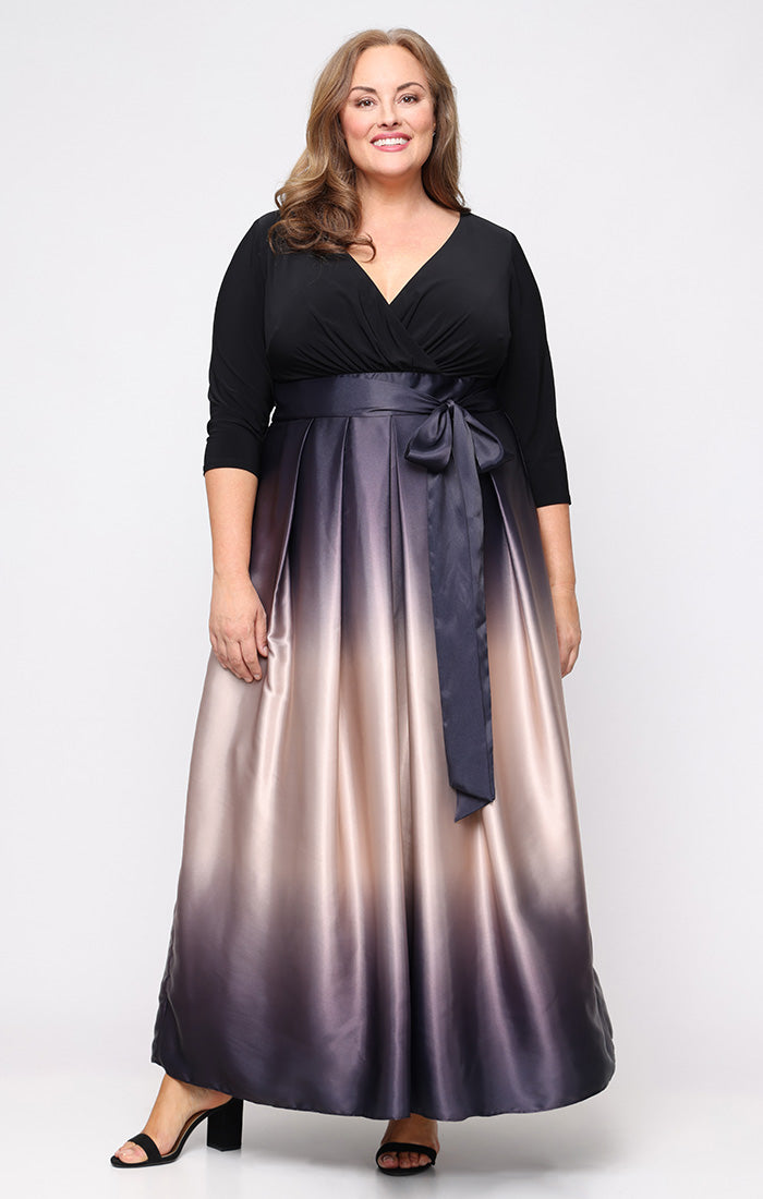 Plus Long Satin Charmeuse Ombre Ballgown with Surplice Neckline Bodice