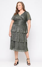 Plus Tea Length Surplice Neckline Dress With Ruched Waist, Flutter Sleeves and Tiered Skirt