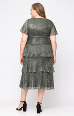 Plus Tea Length Surplice Neckline Dress With Ruched Waist, Flutter Sleeves and Tiered Skirt