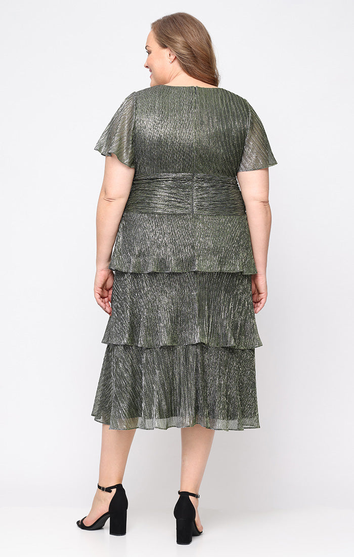 Plus Tea Length Surplice Neckline Dress With Ruched Waist, Flutter Sleeves and Tiered Skirt