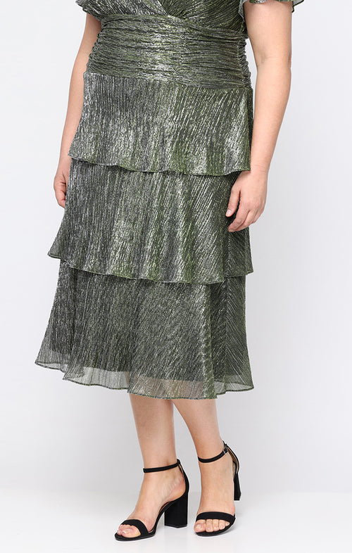 Plus Tea Length Surplice Neckline Dress With Ruched Waist, Flutter Sleeves and Tiered Skirt