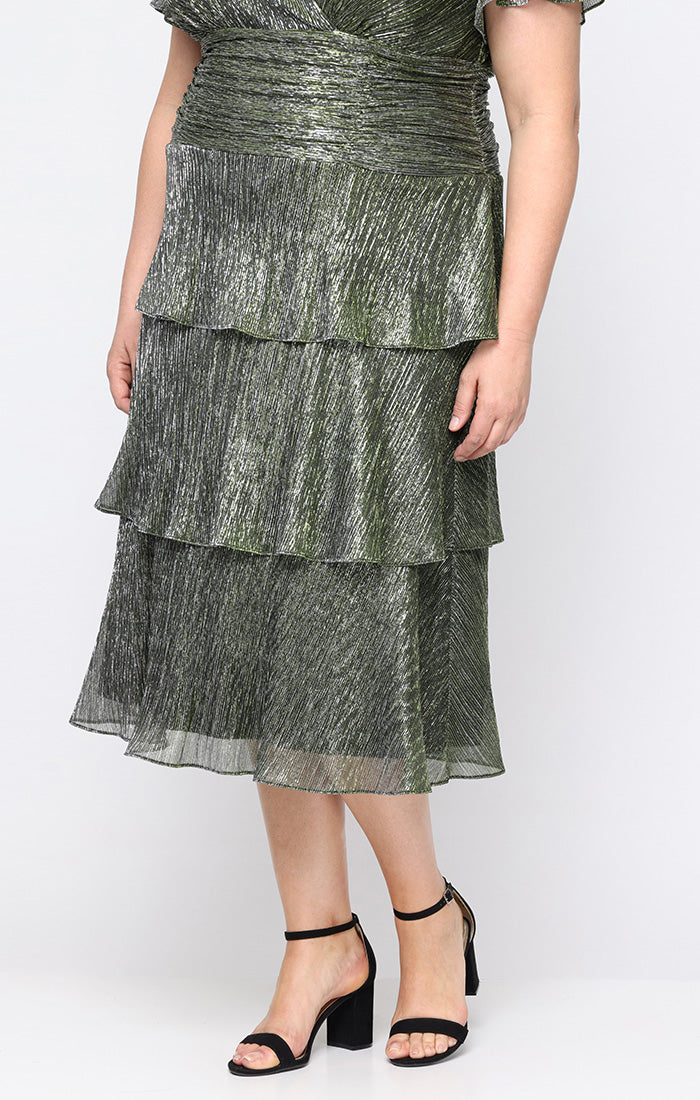 Plus Tea Length Surplice Neckline Dress With Ruched Waist, Flutter Sleeves and Tiered Skirt