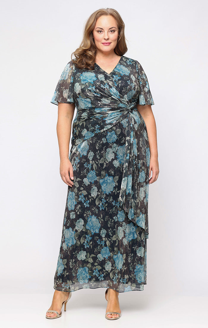 Plus Long Printed Surplice Dress with Knot Front Detail and Flutter Sleeves