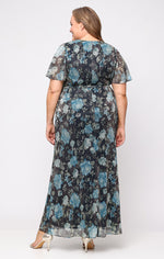 Plus Long Printed Surplice Dress with Knot Front Detail and Flutter Sleeves
