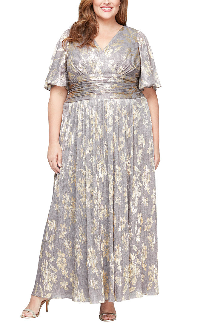 Plus Long Surplice Shimmer Foil Printed Dress with Ruched Waist