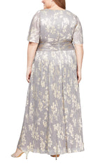 Plus Long Surplice Shimmer Foil Printed Dress with Ruched Waist