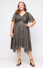 Plus Midi Bodre Dress with Knot Front Empire Bodice and Pointed Hem Skirt