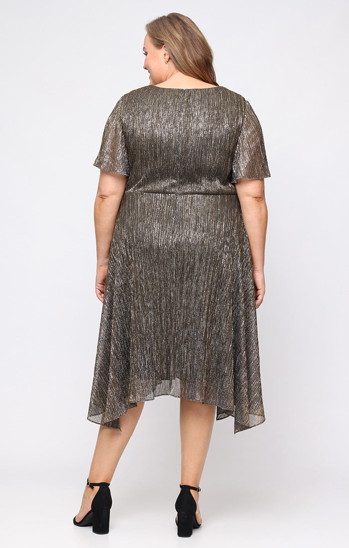 Plus Midi Bodre Dress with Knot Front Empire Bodice and Pointed Hem Skirt