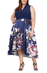 Plus Cocktail Dress with High-Low Floral Printed Mikado Silk Skirt