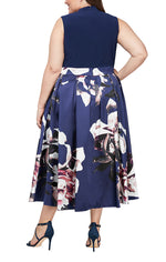 Plus Cocktail Dress with High-Low Floral Printed Mikado Silk Skirt