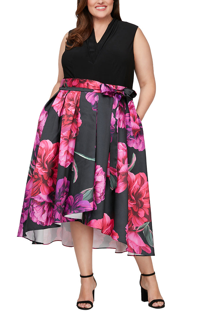 Plus Floral High/Low Party Dress with Tie Waist Detail