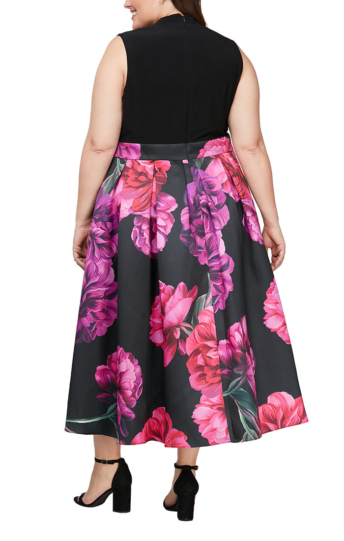 Plus Floral High/Low Party Dress with Tie Waist Detail